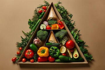 a group of vegetables in a triangular shape on a colored paper background. Aesthetics food photo