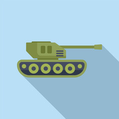 Flat design illustration of a green cartoon military tank with long shadow, isolated on blue