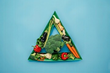 a group of vegetables in a triangular shape on a colored paper background. Aesthetics food photo