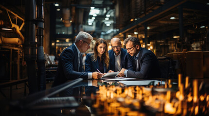 A business group with two men and two women in discussion over documents in an industrial setting
