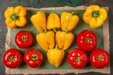 a group of vegetables in a triangular shape on a colored paper background. Aesthetics food photo