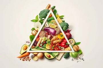 a group of vegetables in a triangular shape on a colored paper background. Aesthetics food photo