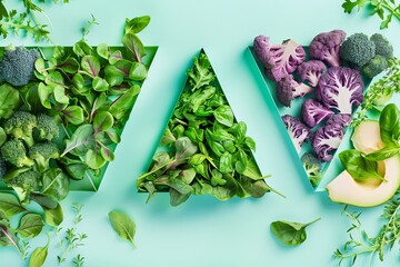 a group of vegetables in a triangular shape on a colored paper background. Aesthetics food photo