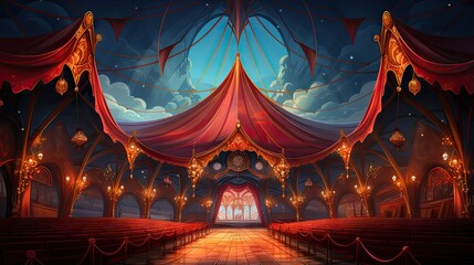 Digital artwork of a grand, vibrant circus tent interior, devoid of performers