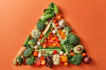 a group of vegetables in a triangular shape on a colored paper background. Aesthetics food photo