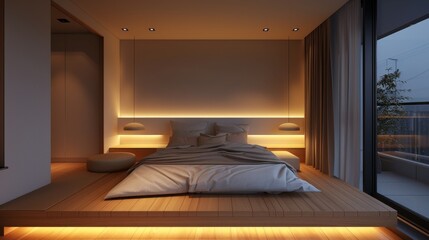 Chic Minimalist Bedroom with Low-Profile Bed and Soft Lighting

