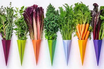 a group of vegetables in a triangular shape on a colored paper background. Aesthetics food photo