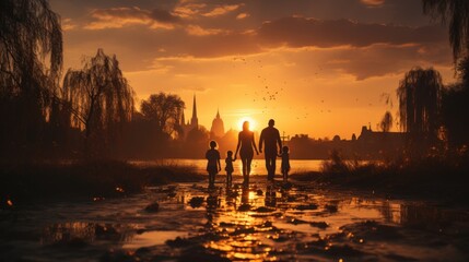 A family of silhouettes stands by a riverbank against a sunset, reflecting family values and connection