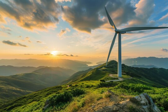 Landscape with a wind turbine. A source of alternative energy. Wind energy conversion. A renewable natural resource. Eco-friendly energy. Source of electricity