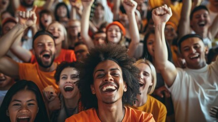 Fototapeta premium Olympic Winner Paris 2024 Cheering Crowd Focus on a diverse group of fans,