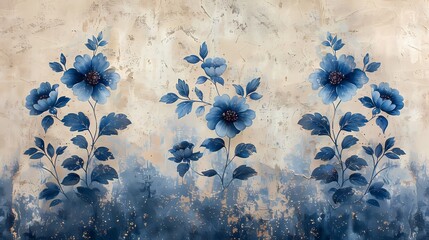 Retro blue romantic watercolor flowers poster background