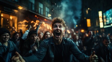 Euphoric young man cheering, arms raised during an urban street celebration at night