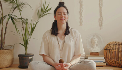 A soft-spoken guided meditation ASMR video, with the artist leading viewers through a calming visualization exercise accompanied by gentle ambient sounds, with copy space