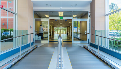A hospital entrance with wide automatic doors and ramps, demonstrating physical accessibility features designed for all patients, with copy space