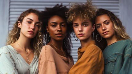 Fototapeta premium Group portrait of four diverse women standing side by side, exuding confidence and unity