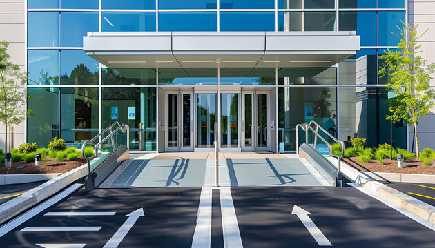 A hospital entrance with wide automatic doors and ramps, demonstrating physical accessibility features designed for all patients, with copy space