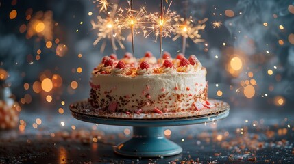 A cream-coated cake with strawberries and lit sparklers, presented on a cake stand with a soft, glowing light atmosphere - Powered by Adobe