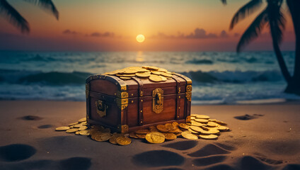 Ancient chest with gold coins on the seashore vintage 