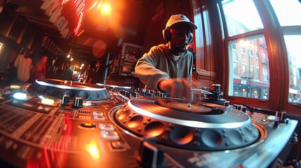 A DJ is working with turntables against a vibrant, neon-lit urban background, creating a dynamic nightlife atmosphere