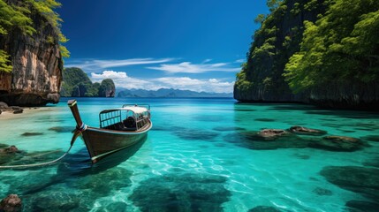 Crystal clear waters of a tropical bay with limestone cliffs and a traditional longtail boat in...