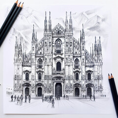 Black and white sketch of Milan Cathedral on a cloudy day