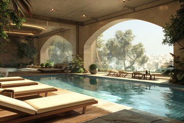 Obraz premium Poolside Lounge Area with Sun Loungers and Shade