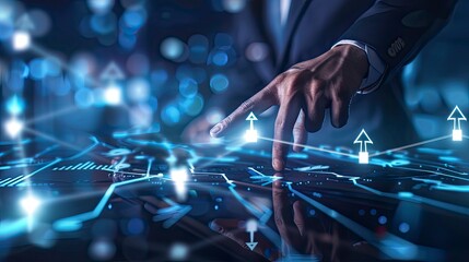 A man is pointing at a computer screen with a line of arrows pointing up