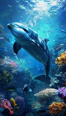 Animals of the underwater sea world. Ecosystem. Colorful tropical fish. Life in the coral reef