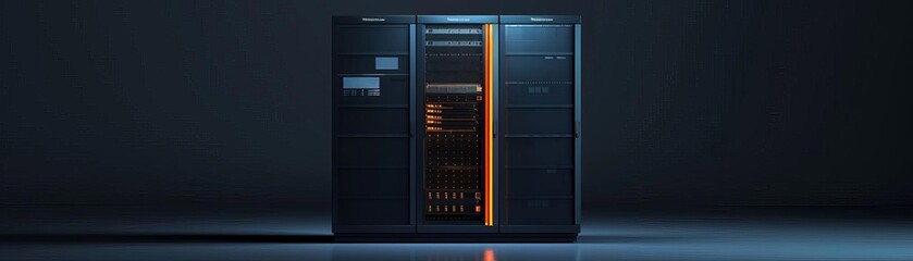 Modern interior design with a server rack and a bookshelf with backlighting.