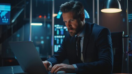 A professional man in a suit is focused on his laptop, examining SEO metrics and analytics, with a digital marketing dashboard in the background, emphasizing the importance of search engine