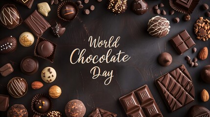 Assortment of fine chocolates and cocoa on dark background, celebrating world chocolate day