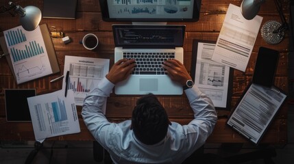 A business executive is seated at a desk with a laptop open to SEO tools, surrounded by documents and reports, highlighting his efforts to enhance website visibility and ranking on search engines