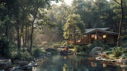 Fototapeta premium Wooded Retreat with Small Cabin and Fire Pit