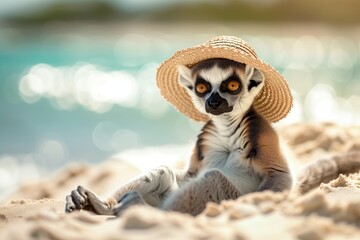 lemur in a straw hat sunbathing on the seashore