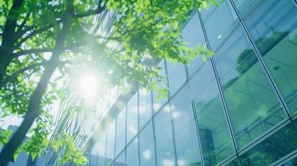 Sustainble green building Ecofriendly building in modern city Sustainable glass office building with tree for reducing carbon dioxide Office with green environment Corporate building r : Generative AI