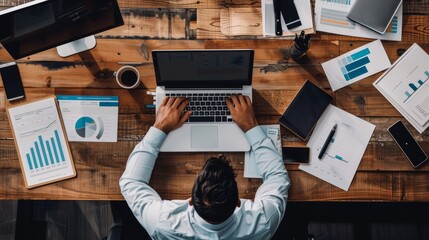 A business executive is seated at a desk with a laptop open to SEO tools, surrounded by documents and reports, highlighting his efforts to enhance website visibility and ranking on search engines
