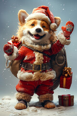A corgi dog dressed in a Santa Claus costume holding a present in its mouth
