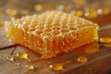 Honeycomb on a Wooden Table with Honey Droplets

