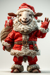 A statue of a sheep dressed in a festive Santa Claus outfit