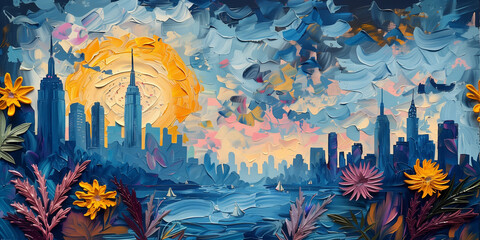 A painting featuring a cityscape background with colorful flowers in the foreground