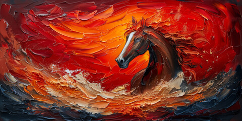Acrylic painting of a fiery horse on a vibrant red canvas