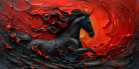 A painting of a horse with fiery tones on a red and black background