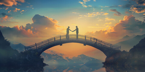 Couple Standing on a Wooden Bridge Holding Hands Under a Starry Sky, Two People Holding Hands