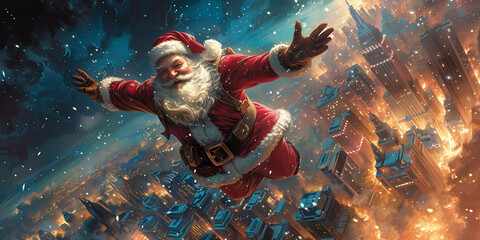 Santa Claus dressed as a superhero flying through the air