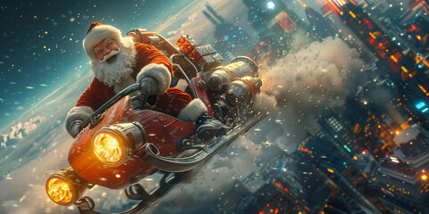 Santa Claus riding motorcycle through sky