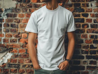 Blank white T-shirt mockup worn by a man standing against a brick wall
