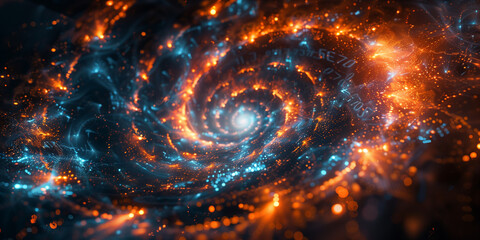 A spiral galaxy emits bright lights