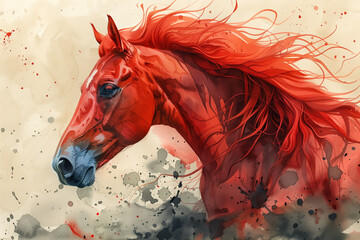A vibrant watercolor painting of a red fiery  horse with fiery red hair