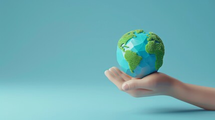Hand holding miniature globe against blue background, symbolizing global responsibility, environmental awareness, and world unity.