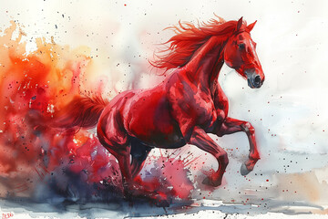 Painting of a red fiery horse galloping through a grassy field